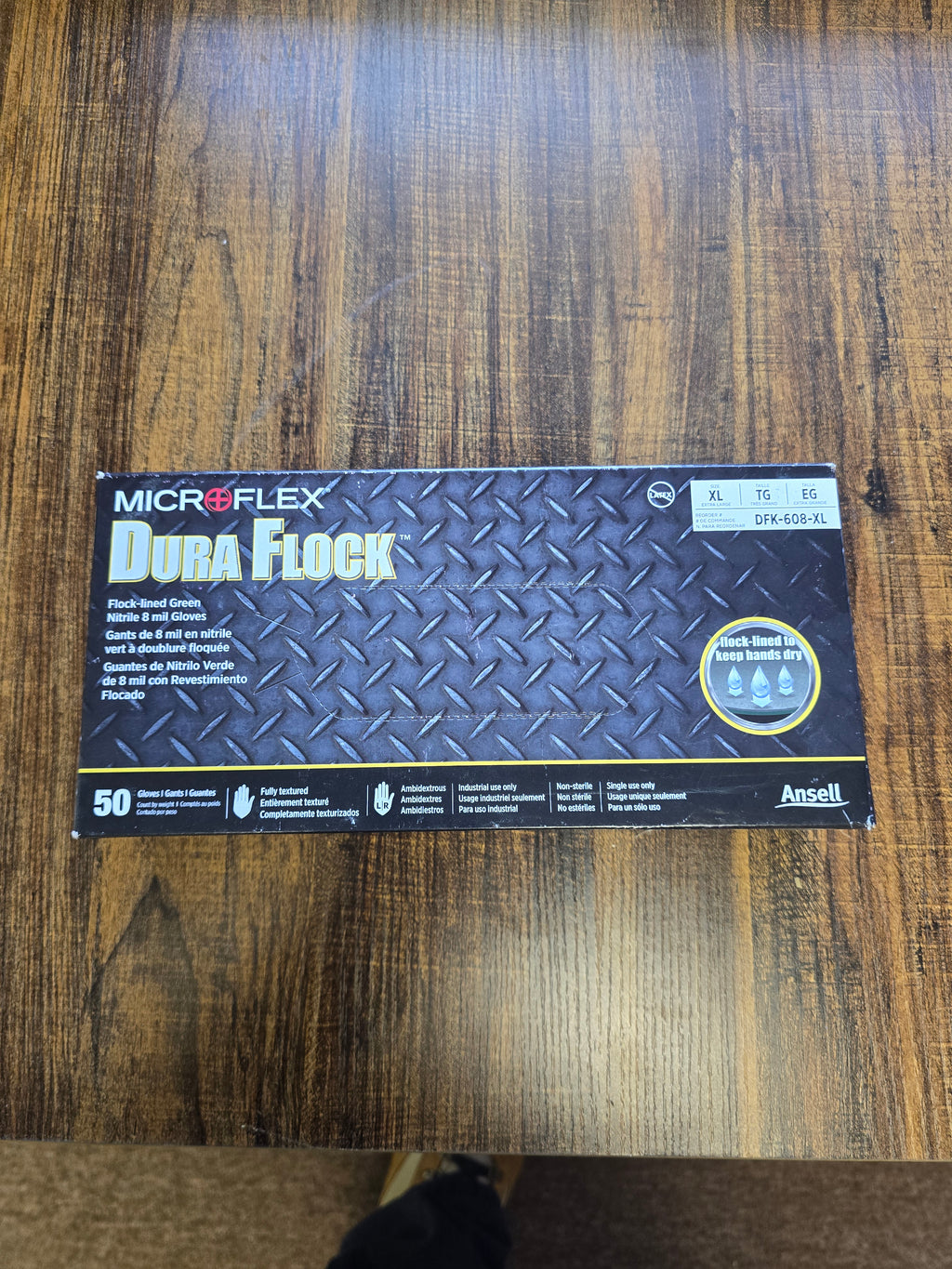 Dura Flock Flock-lined nitrile gloves: X-LARGE 50/Bx. Fully textured, 8 mil