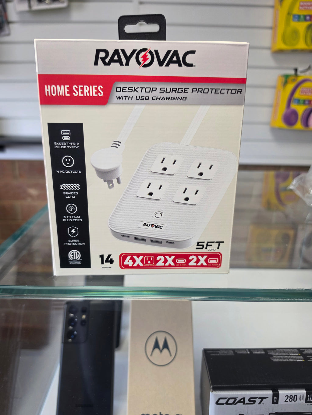RAYOVAC 4-AC Outlet and 4-USB Port 540-Joules Surge Protector Power Strip, 5-Ft. Braided Cord with Flat Plug, SS-P319