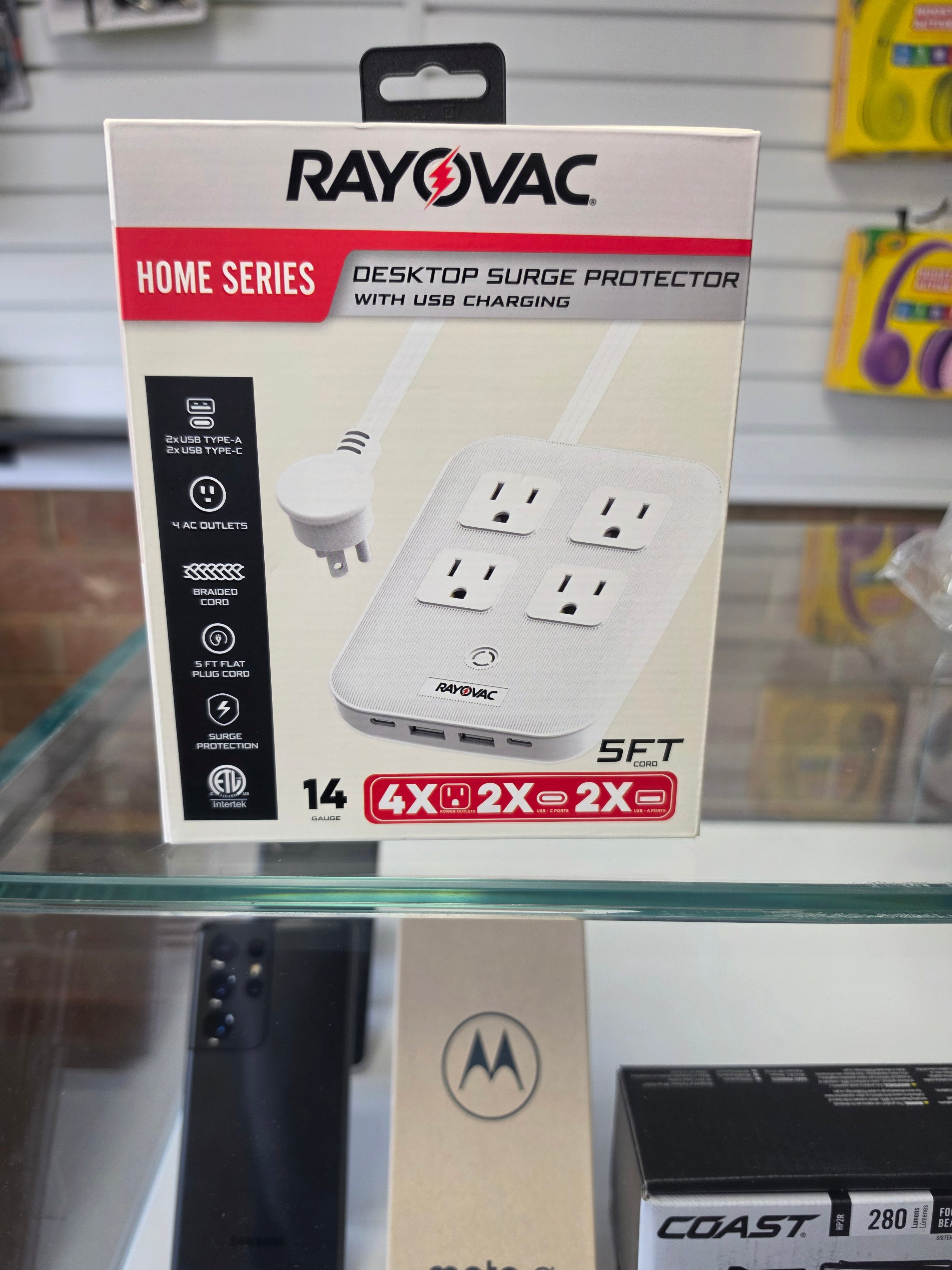 RAYOVAC 4-AC Outlet and 4-USB Port 540-Joules Surge Protector Power Strip, 5-Ft. Braided Cord with Flat Plug, SS-P319