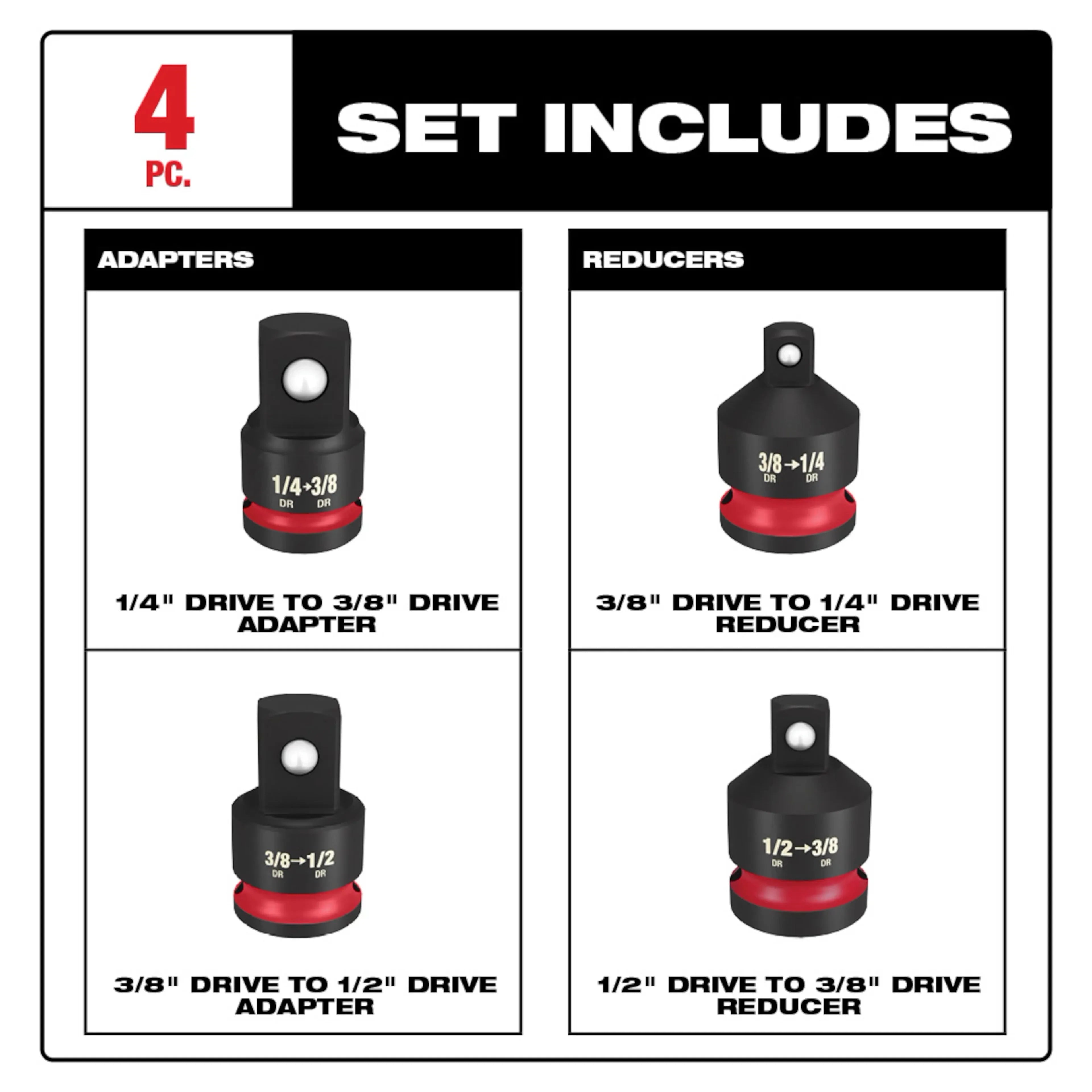 Milwaukee SHOCKWAVE Impact Duty 1/4in.–1/2in. Drive Adapter Set, 4-Pc., Model# 49-66-6742
