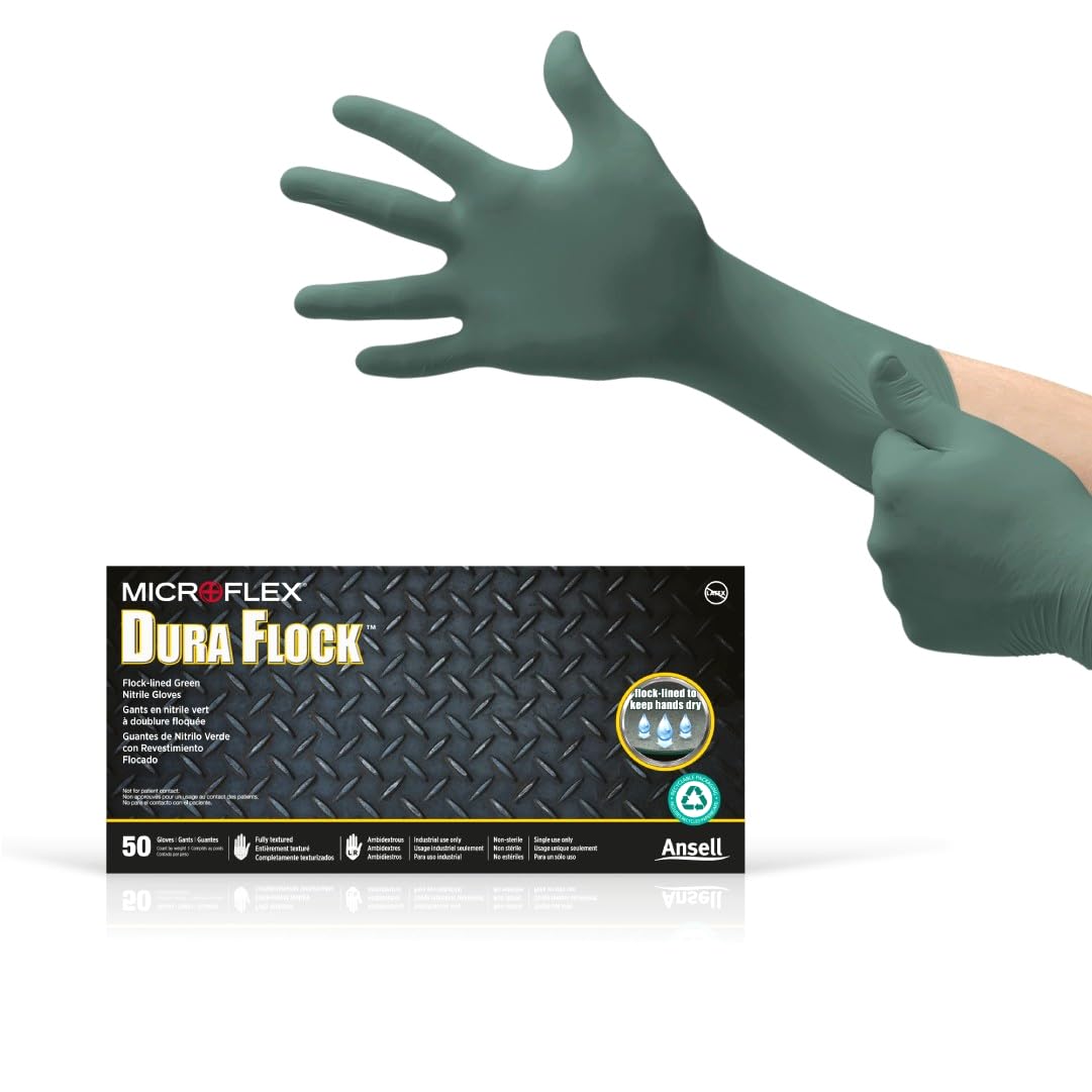 Dura Flock Flock-lined nitrile gloves: X-LARGE 50/Bx. Fully textured, 8 mil