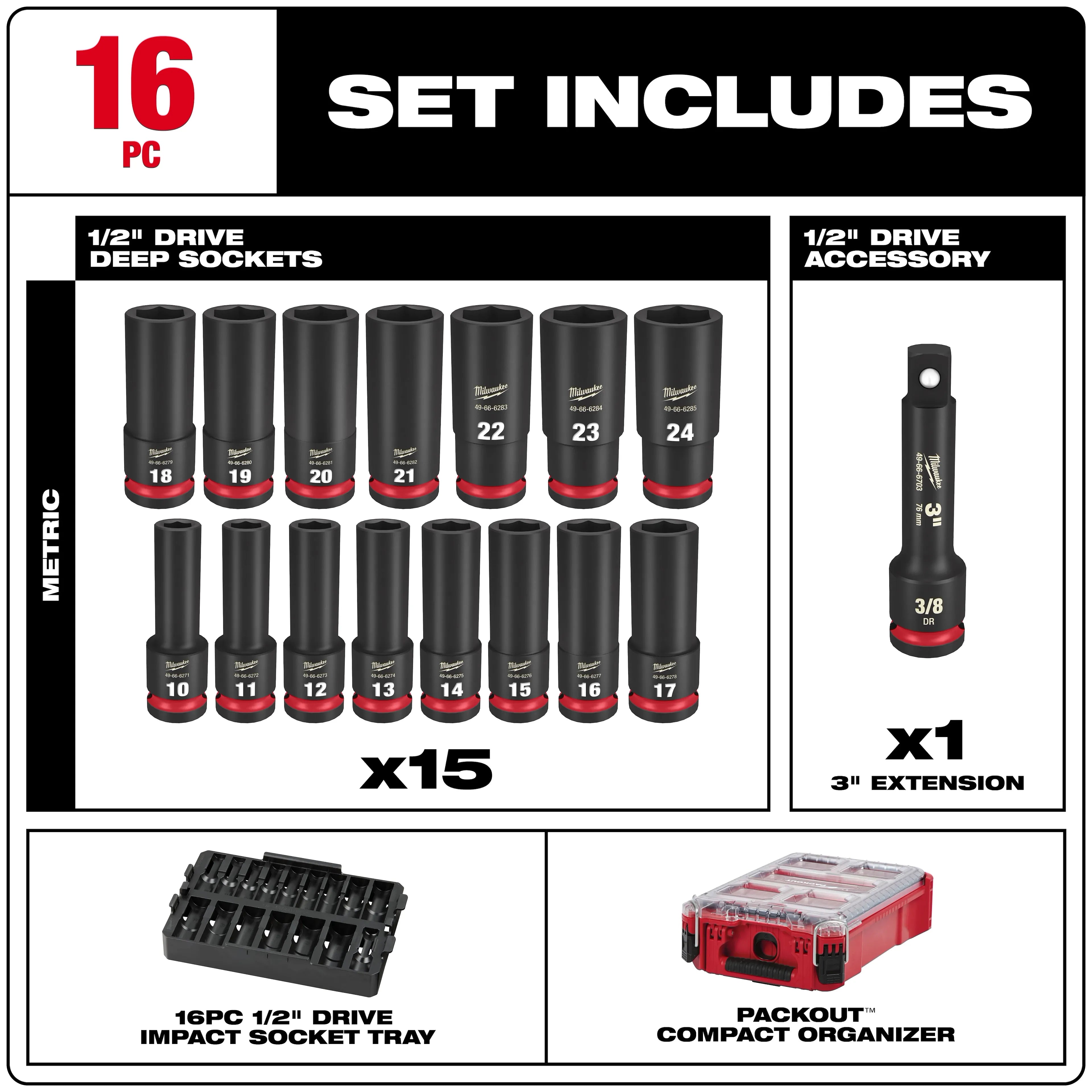 Milwaukee 16PC SHOCKWAVE™ Impact Duty Socket 1/2” Drive 16PC MM Set with PACKOUT
