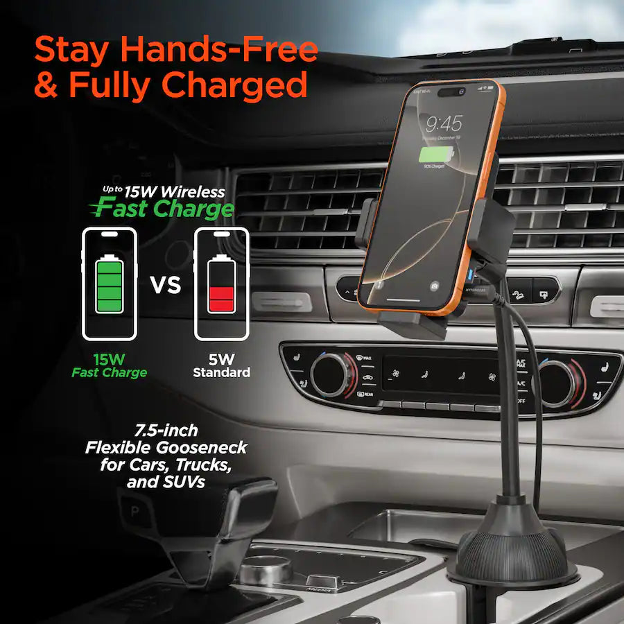 EZ Grip 15W Wireless Fast Charging Phone Mount | Cup Holder | Black