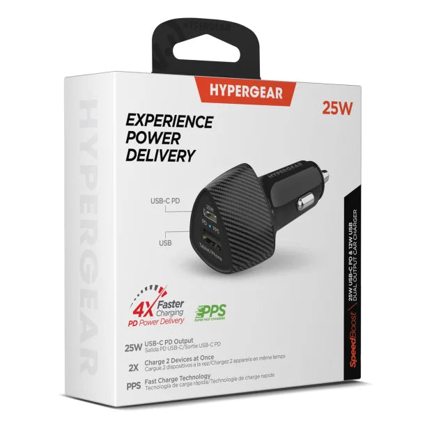 HyperGear SpeedBoost 25W USB-C PD + 12W USB Dual-Output Car Charger – 37W