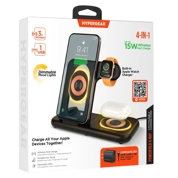 HyperGear PowerFold X-Ray 4-in-1 Foldable Wireless Charging Stand – 15W – Black