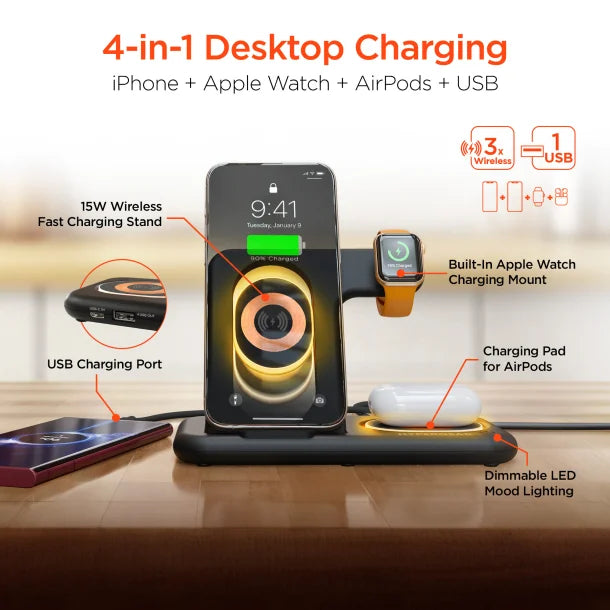 HyperGear PowerFold X-Ray 4-in-1 Foldable Wireless Charging Stand – 15W – Black