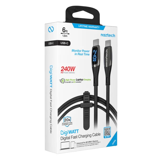 Naztech DigiWATT 240W USB-C to USB-C Fast Charge Cable with LED Power Display – 6 Ft.