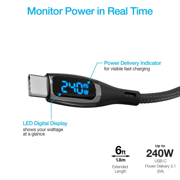 Naztech DigiWATT 240W USB-C to USB-C Fast Charge Cable with LED Power Display – 6 Ft.