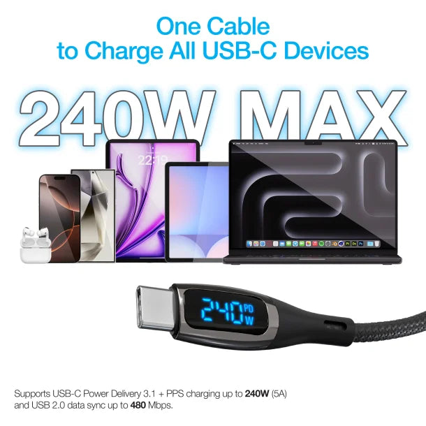 Naztech DigiWATT 240W USB-C to USB-C Fast Charge Cable with LED Power Display – 6 Ft.