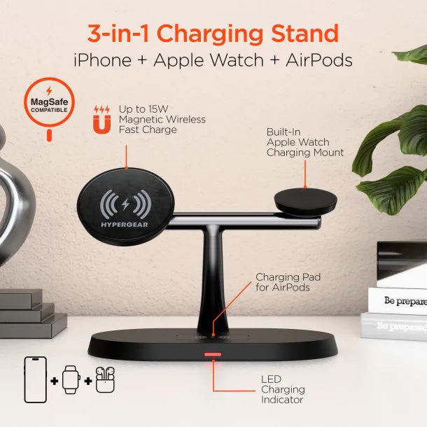 HyperGear MaxCharge Pro 3-in-1 MagSafe-Compatible Wireless Charging Stand – 15W – Black