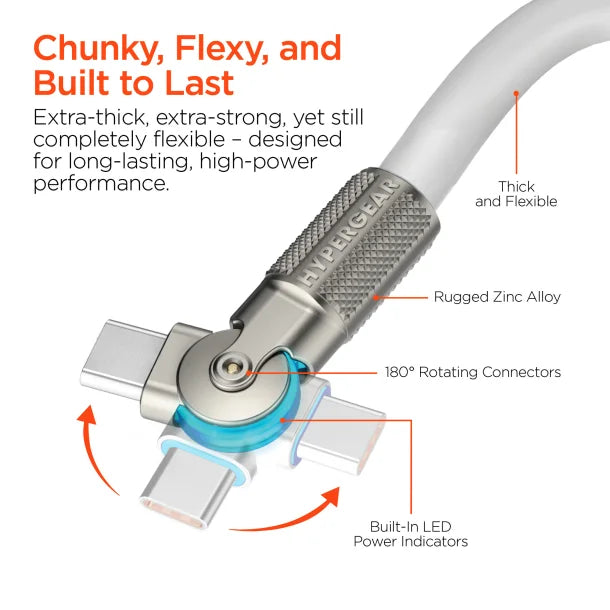 HyperGear Chunky180 100W USB-C to USB-C Rugged Fast Charge Cable – 12 Ft. White