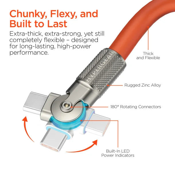 HyperGear Chunky180 100W USB-C to USB-C Rugged Fast Charge Cable – 12 Ft. Orange