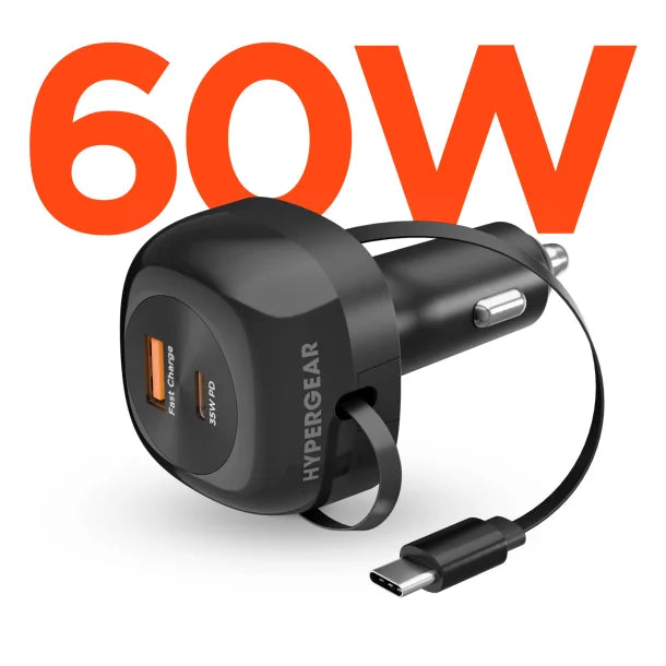 HyperGear SpeedBoost 60W 3-in-1 Retractable USB-C Fast Car Charger