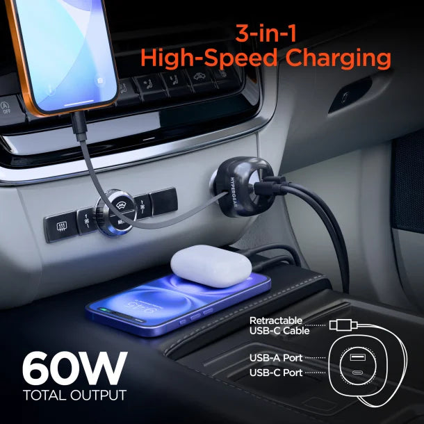 HyperGear SpeedBoost 60W 3-in-1 Retractable USB-C Fast Car Charger