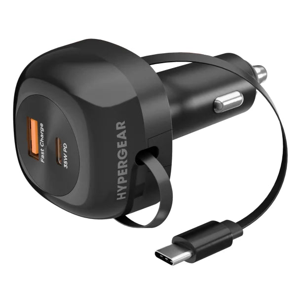 HyperGear SpeedBoost 60W 3-in-1 Retractable USB-C Fast Car Charger