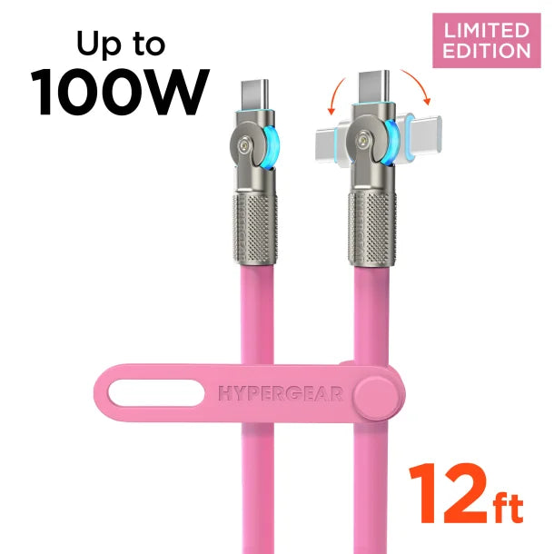 HyperGear Chunky180 100W USB-C to USB-C Rugged Fast Charge Cable – 12 Ft. Pink