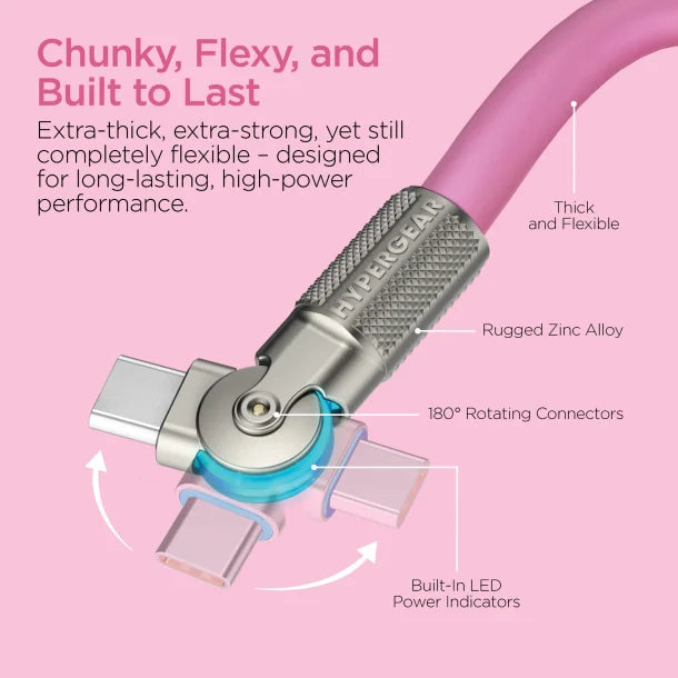 HyperGear Chunky180 100W USB-C to USB-C Rugged Fast Charge Cable – 12 Ft. Pink
