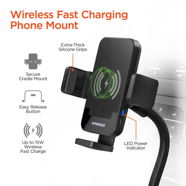 HyperGear EZ Grip 15W Wireless Fast Charging Cup-Holder Phone Mount