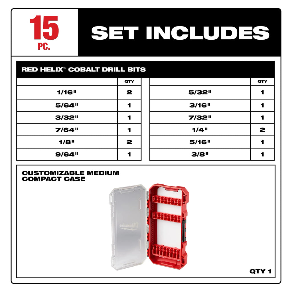 Milwaukee 15 piece Red Helix Cobalt Drill Bits