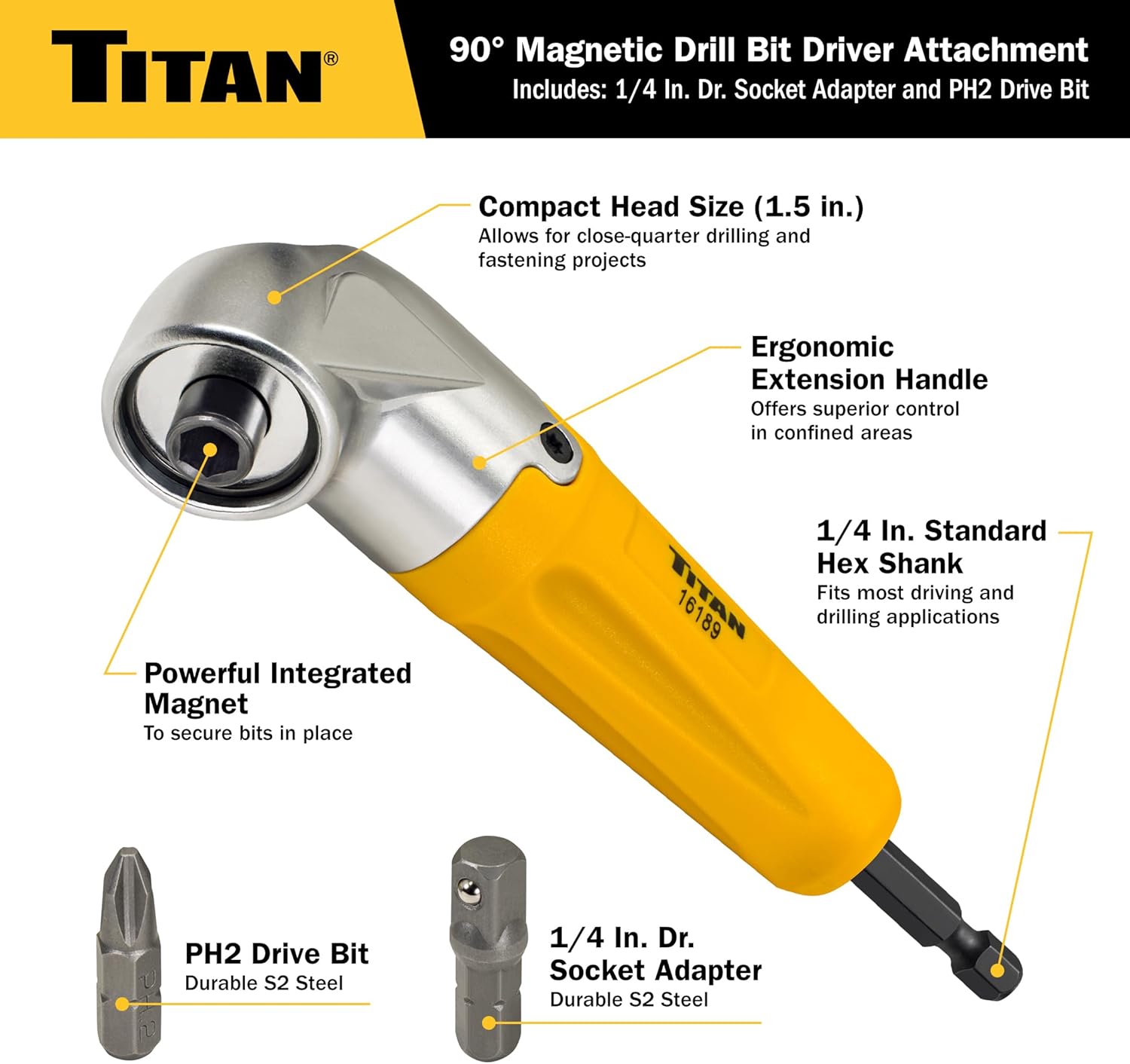 Titan 16189 90-Degree Magnetic Right Angle Drill Attachment for Impact Drivers and Drills