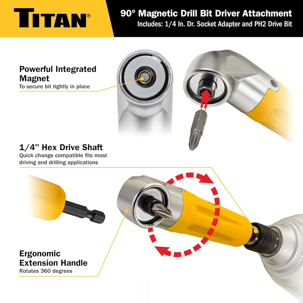 Titan 16189 90-Degree Magnetic Right Angle Drill Attachment for Impact Drivers and Drills
