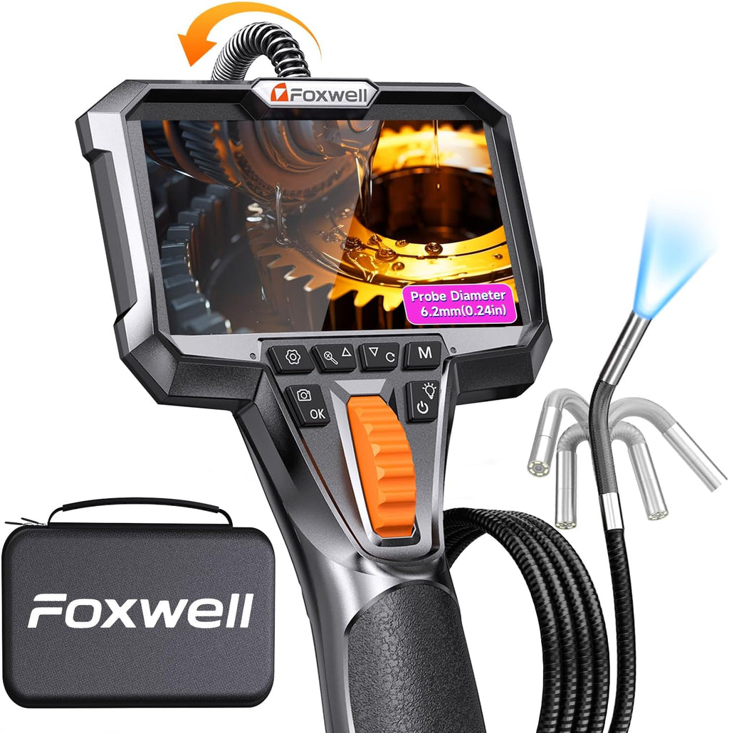 FOXWELL Y400 Two-Way Articulating Borescope with Light, 0.24in Ultra-Slim Probe, 220° Articulation, IPS HD Screen, Industrial Endoscope Inspection Camera for Automotive Engine, HVAC & Plumbing – 5.3FT