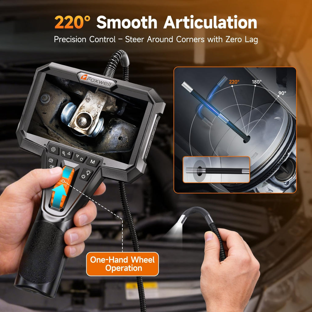 FOXWELL Y400 Two-Way Articulating Borescope with Light, 0.24in Ultra-Slim Probe, 220° Articulation, IPS HD Screen, Industrial Endoscope Inspection Camera for Automotive Engine, HVAC & Plumbing – 5.3FT