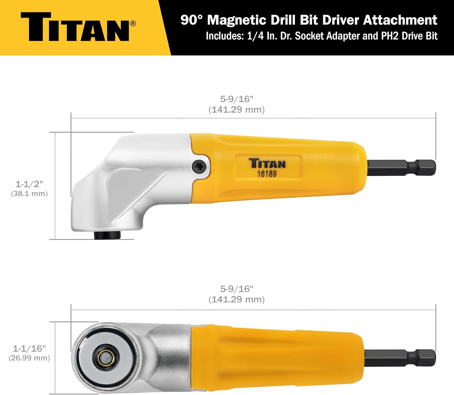 Titan 16189 90-Degree Magnetic Right Angle Drill Attachment for Impact Drivers and Drills