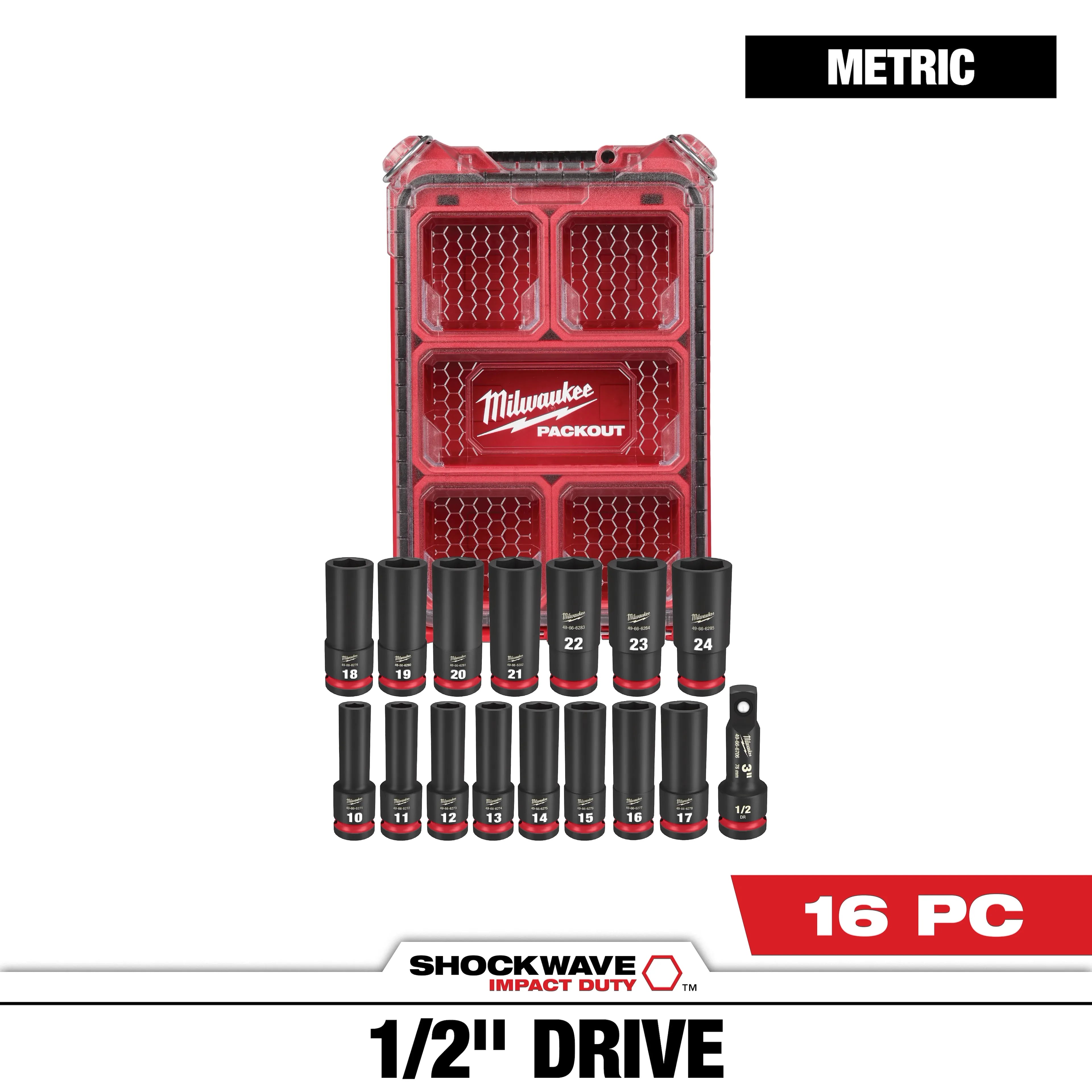 Milwaukee 16PC SHOCKWAVE™ Impact Duty Socket 1/2” Drive 16PC MM Set with PACKOUT