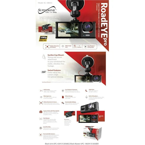 Supersonic RoadEYEpro HD Dash Cam FHD 1080p Front+Cabin+Rear, Night Vision, G-Sensor, GPS, Loop Recording, 32GB SD, SC-580DC