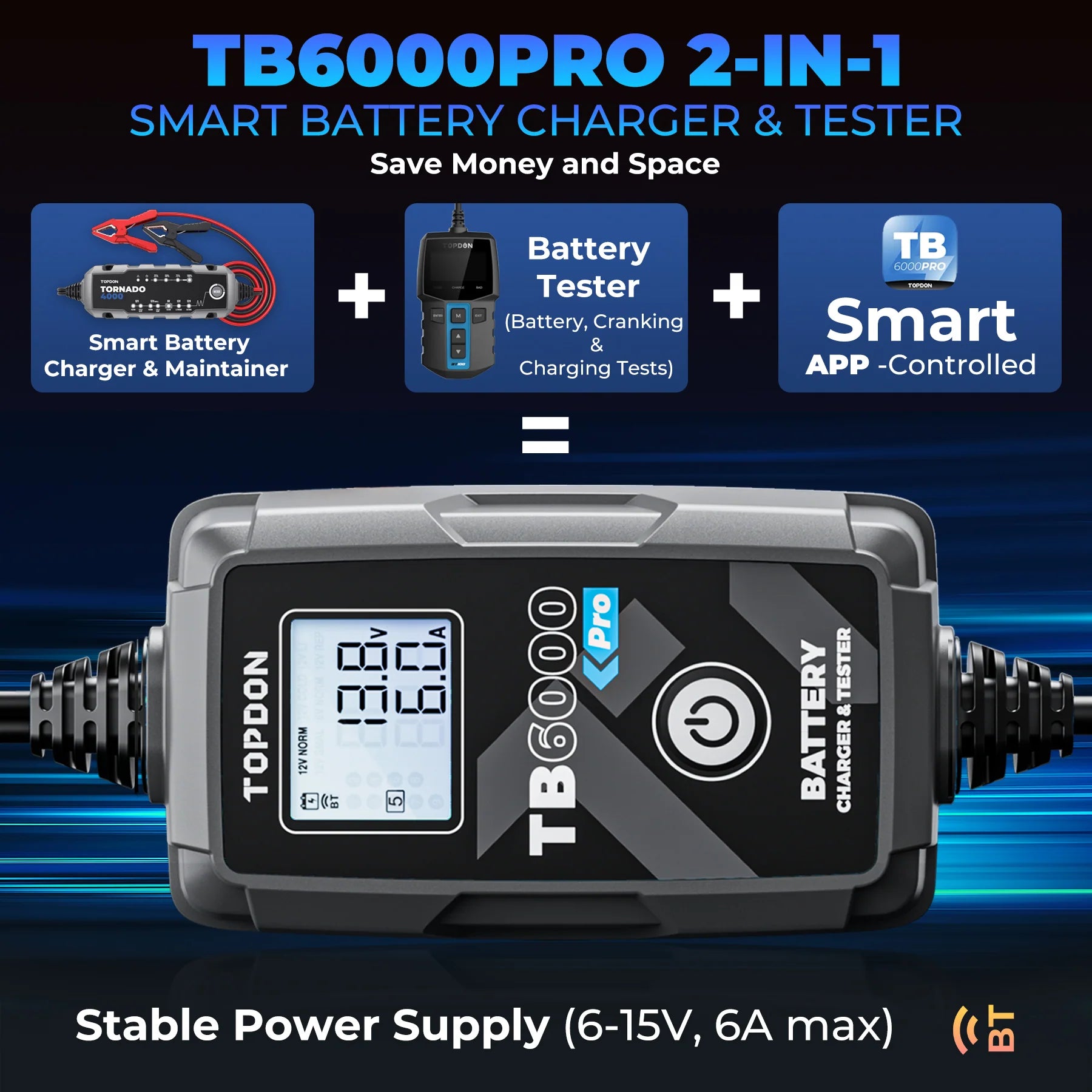 Topdon 2-in-1 6A Battery Charger & Battery Tester with App