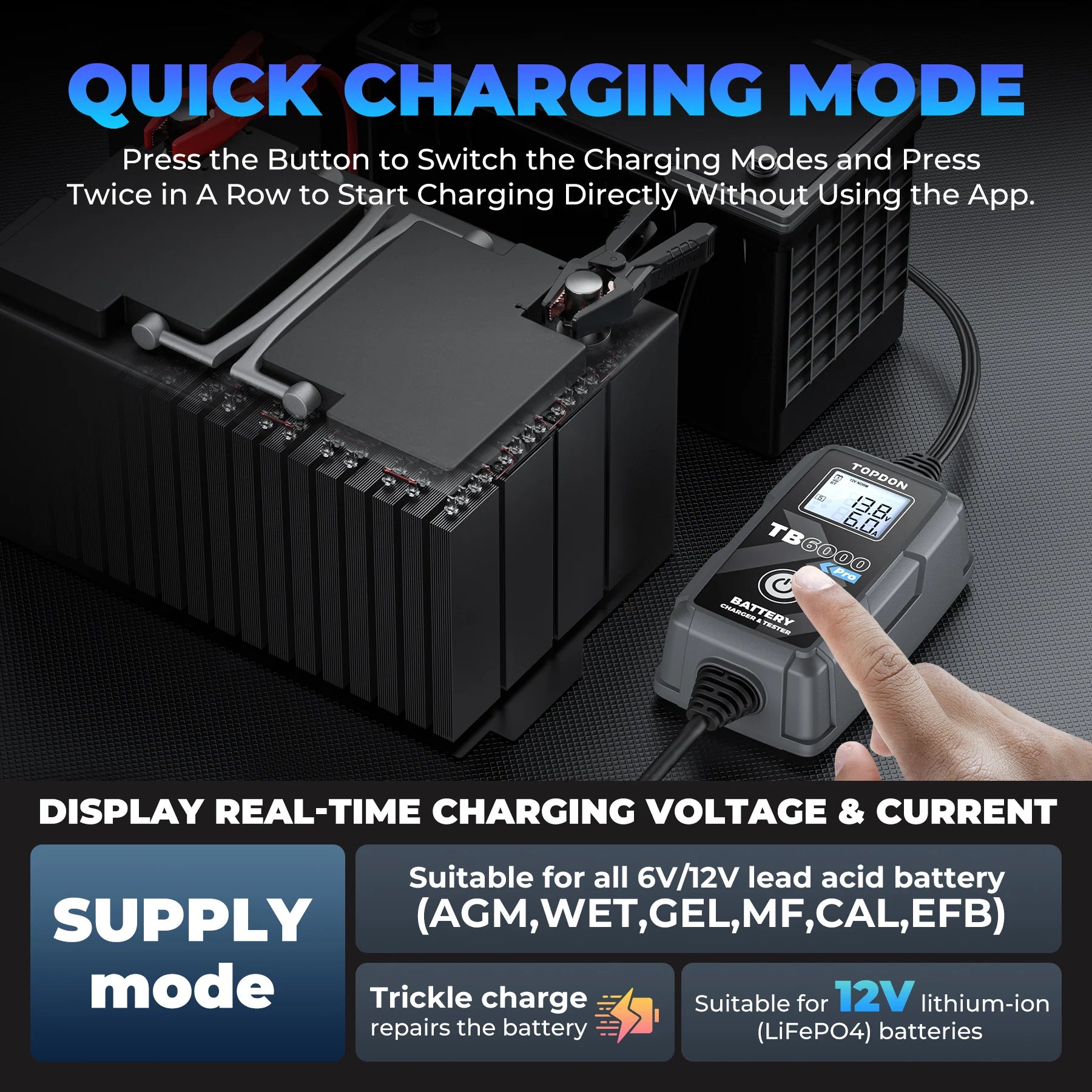 Topdon 2-in-1 6A Battery Charger & Battery Tester with App