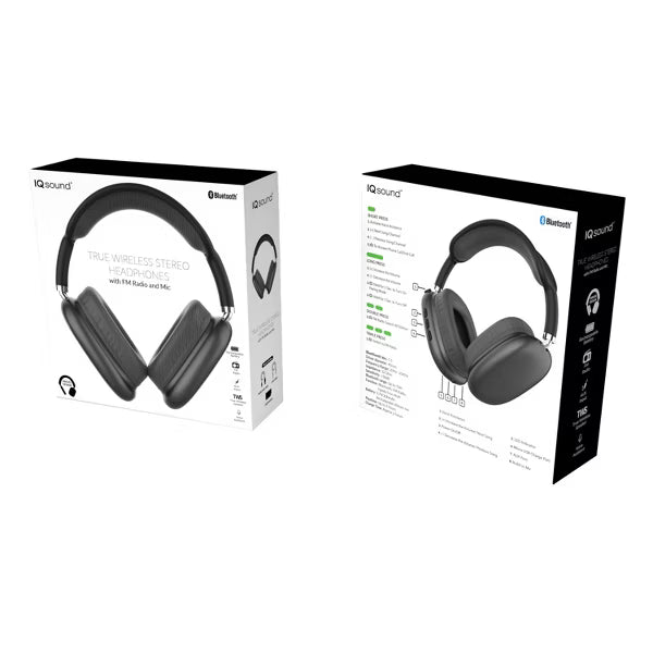 IQ Sound IQ-170BT High Performance Wireless Bluetooth Headphones, 10m Range, FM Radio, Hands-Free Mic, Swivel design, Soft Earpads, 3.5mm AUX Output