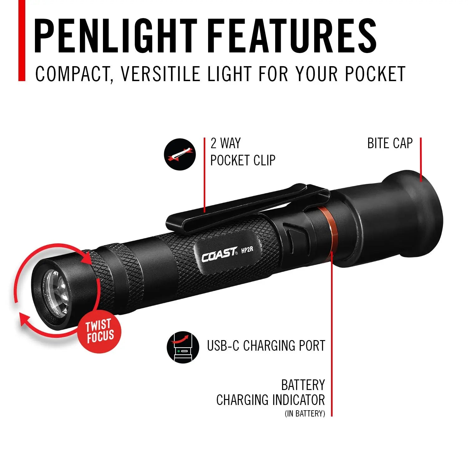 Coast HP2R Twist Focus Rechargeable Pocket Flashlight