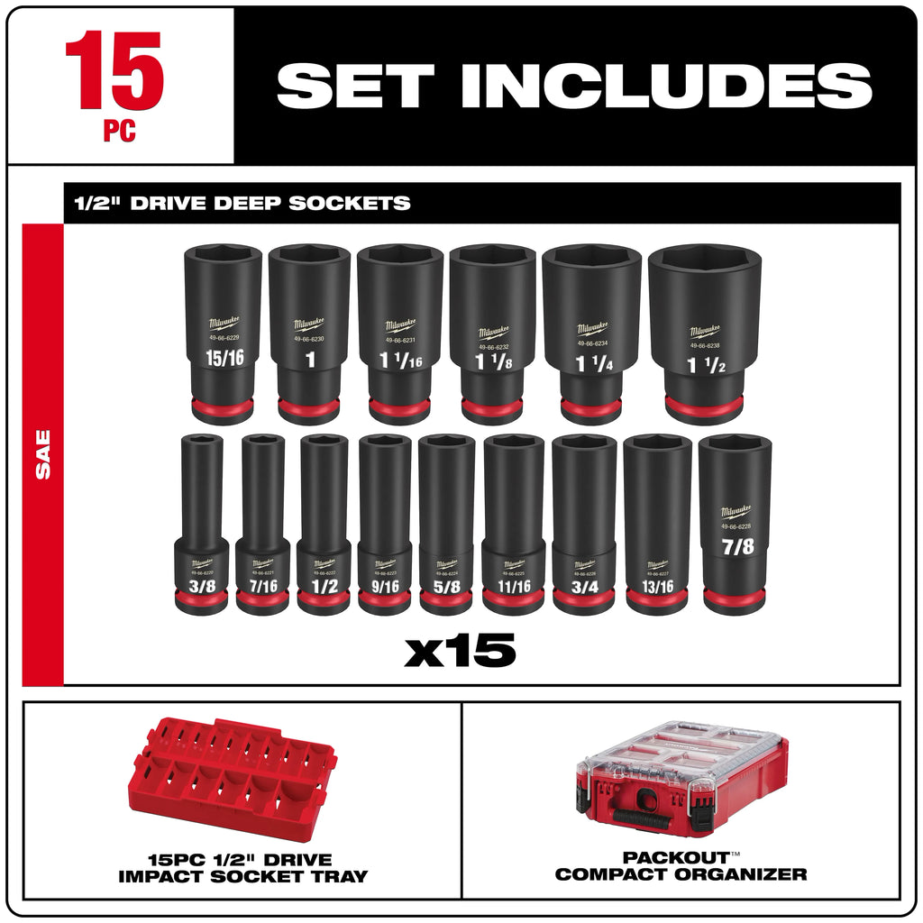 Milwaukee SHOCKWAVE Impact-Duty 1/2 in. Drive SAE Deep Well Impact PACKOUT Socket Set (15-Piece)