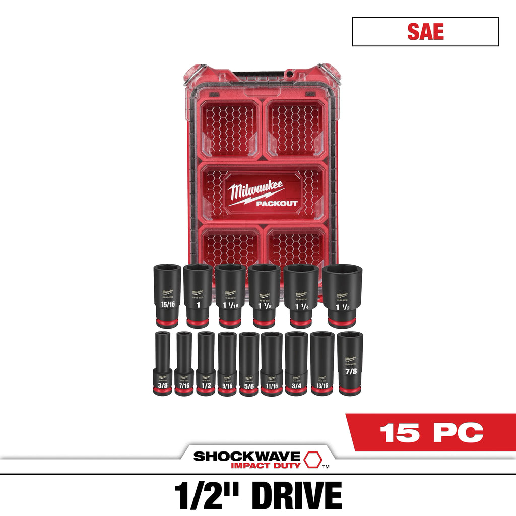 Milwaukee SHOCKWAVE Impact-Duty 1/2 in. Drive SAE Deep Well Impact PACKOUT Socket Set (15-Piece)