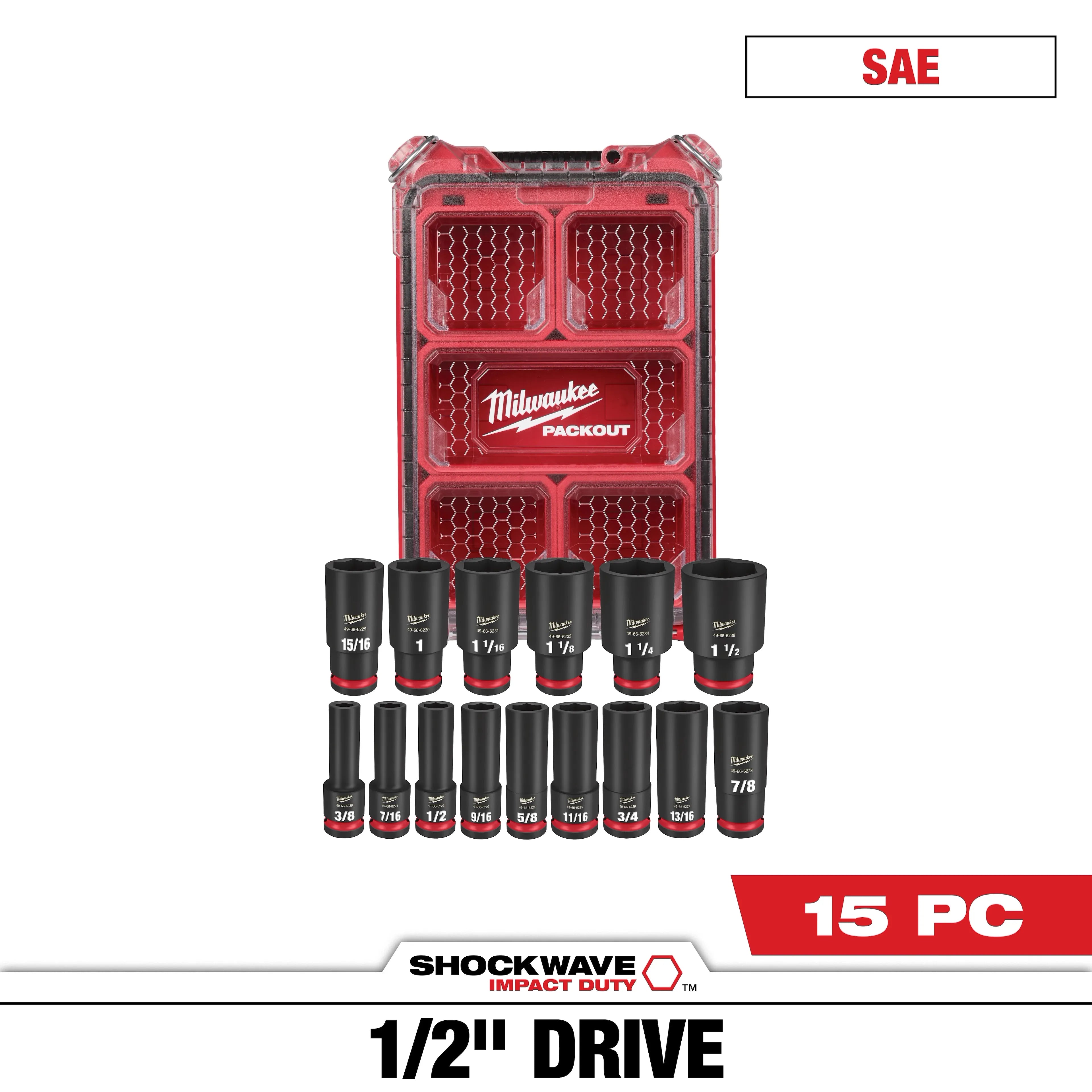 Milwaukee SHOCKWAVE Impact-Duty 1/2 in. Drive SAE Deep Well Impact PACKOUT Socket Set (15-Piece)