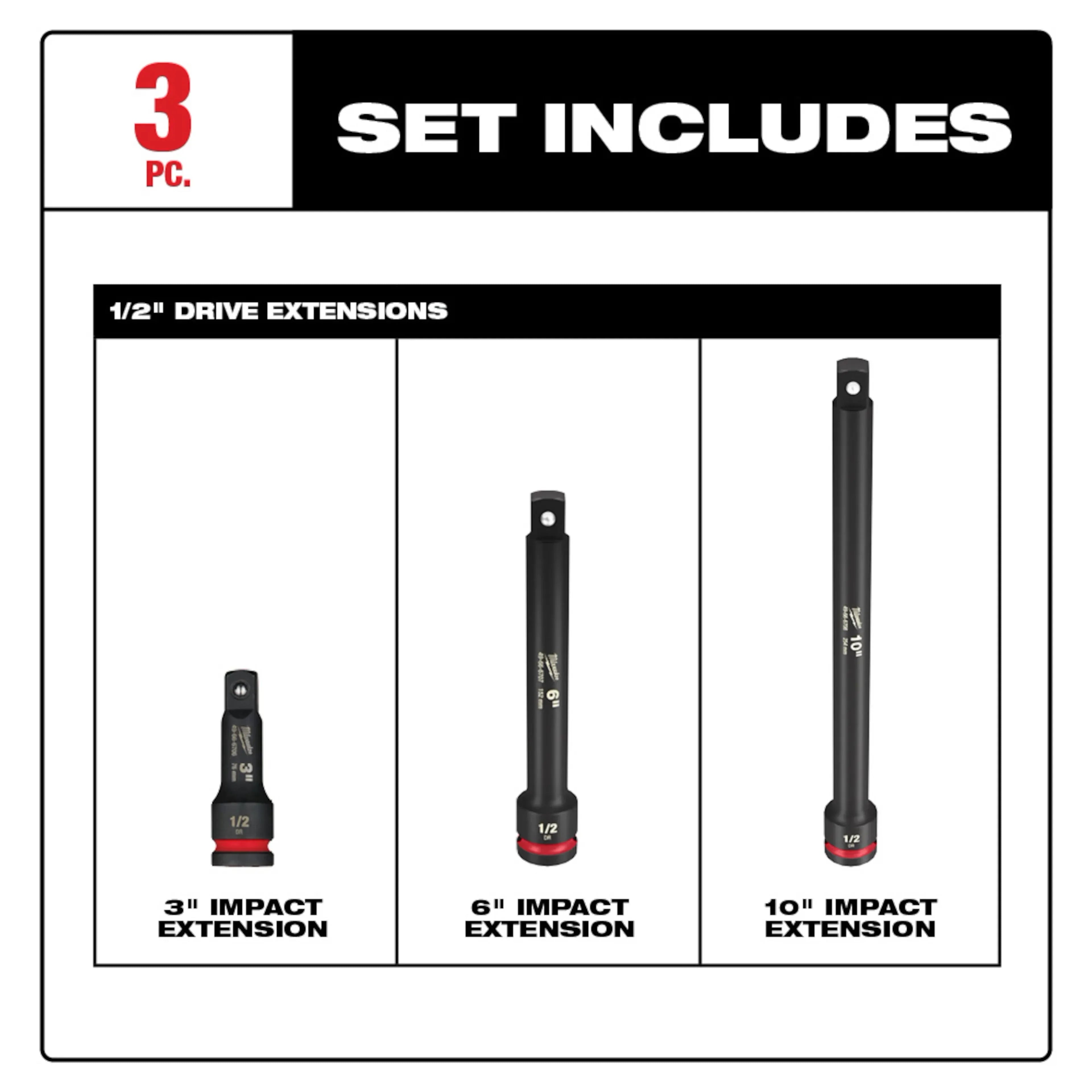 Milwaukee SHOCKWAVE Impact Duty 1/2"Drive Extension Set, 3 Piece