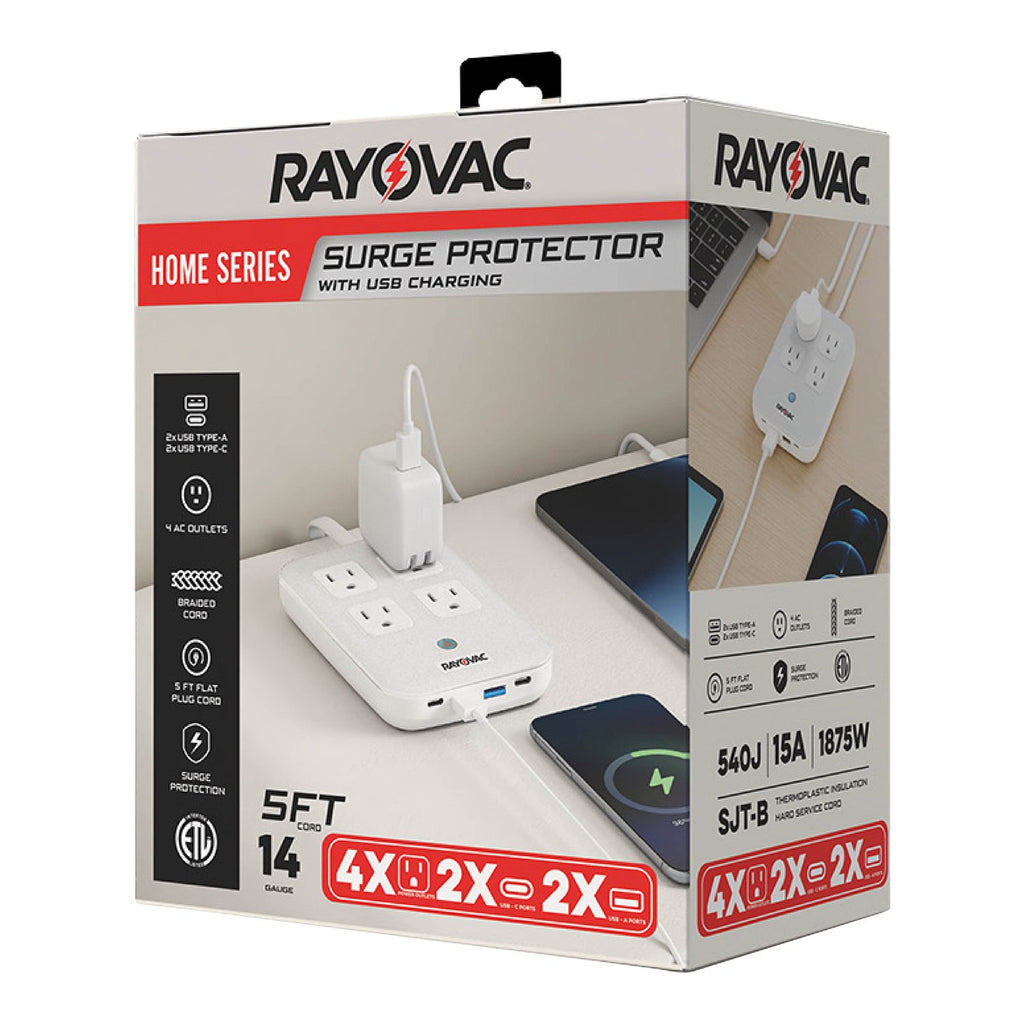 RAYOVAC 4-AC Outlet and 4-USB Port 540-Joules Surge Protector Power Strip, 5-Ft. Braided Cord with Flat Plug, SS-P319