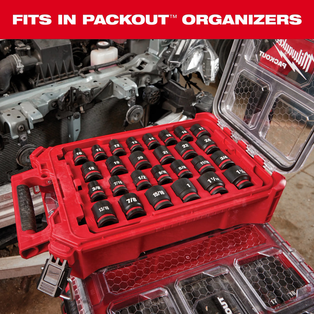 Milwaukee SHOCKWAVE Impact-Duty 1/2 in. Drive SAE Deep Well Impact PACKOUT Socket Set (15-Piece)