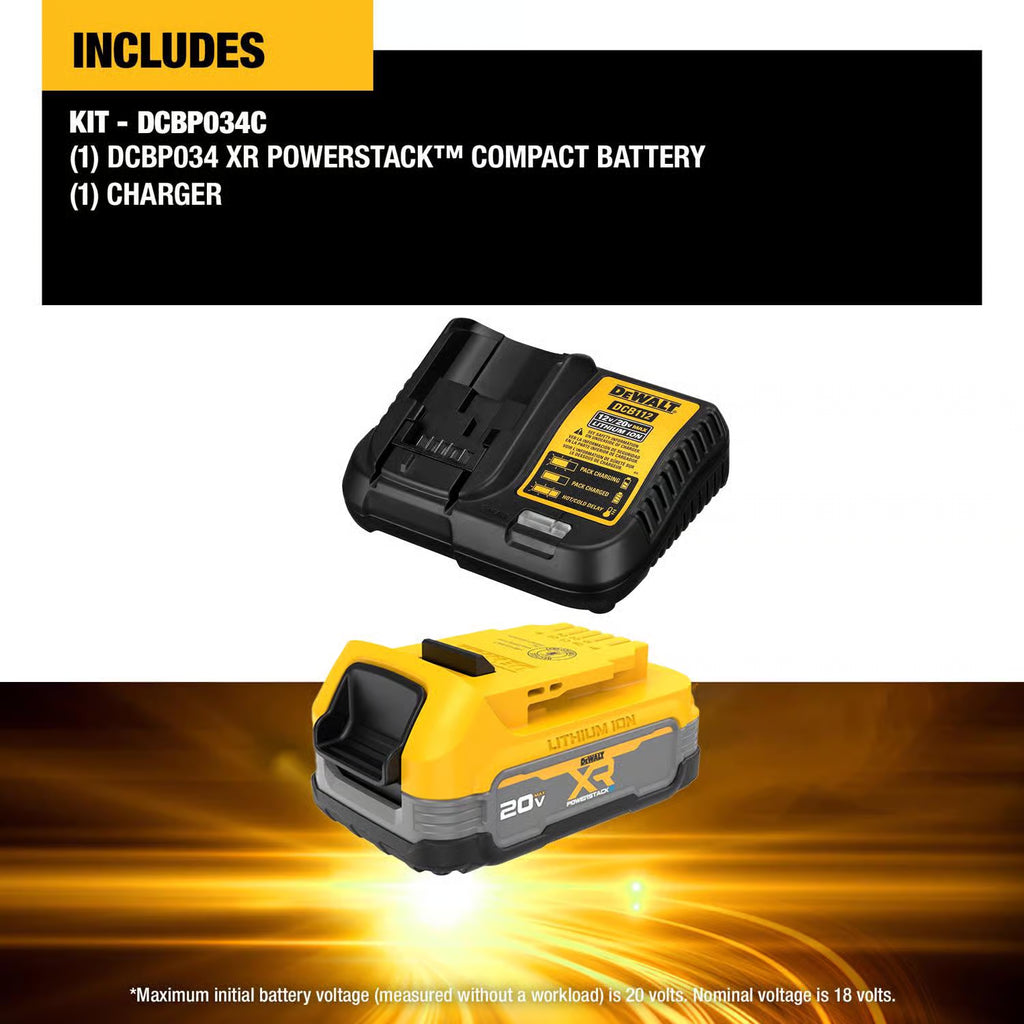 DeWalt 20V MAX XR POWERSTACK DCBP034C 1.7 Ah Lithium-Ion Compact Battery and Charger Starter Kit