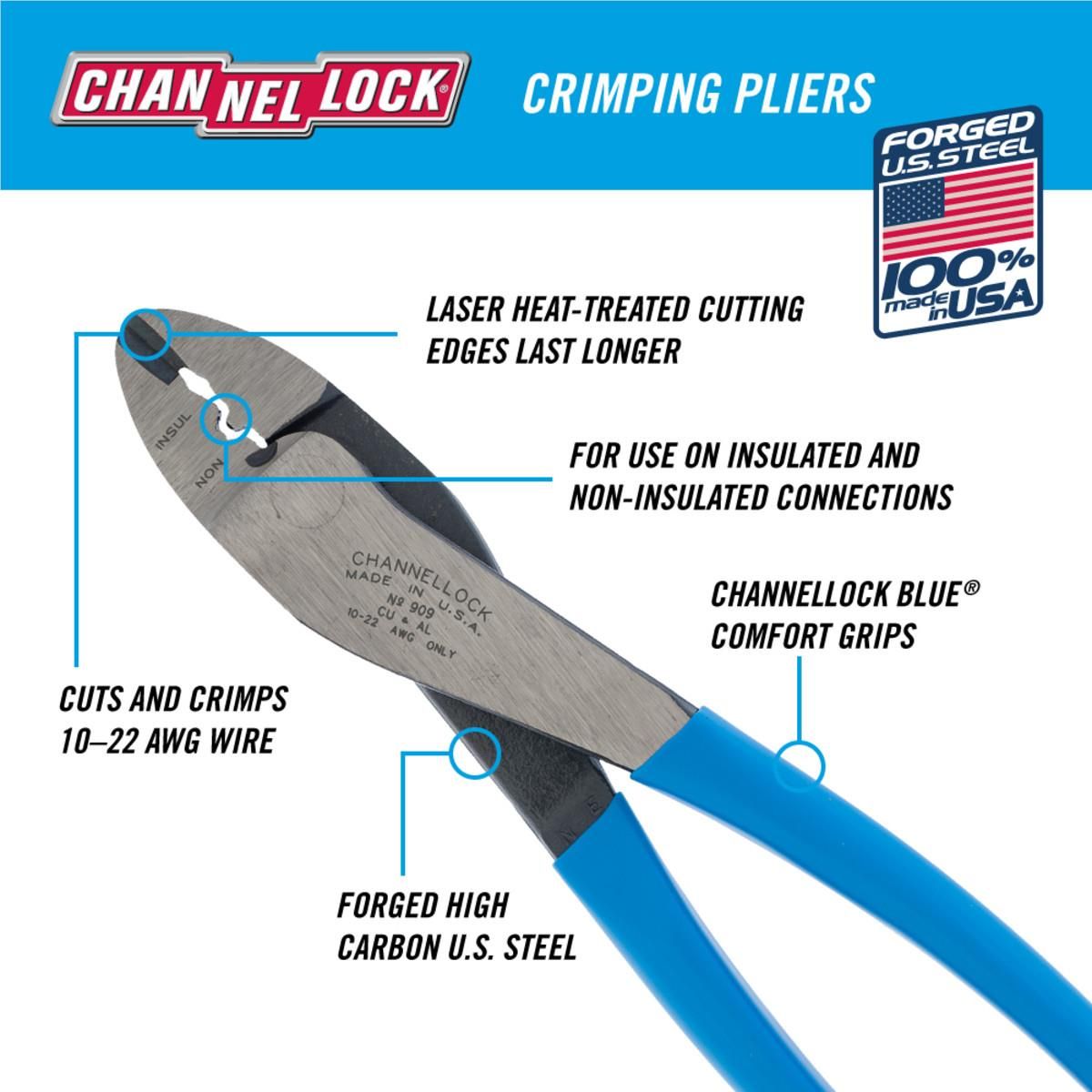 CHANNELLOCK 909 9.5" Crimping Pliers & Wire Cutter – 10-22 AWG – Made in USA
