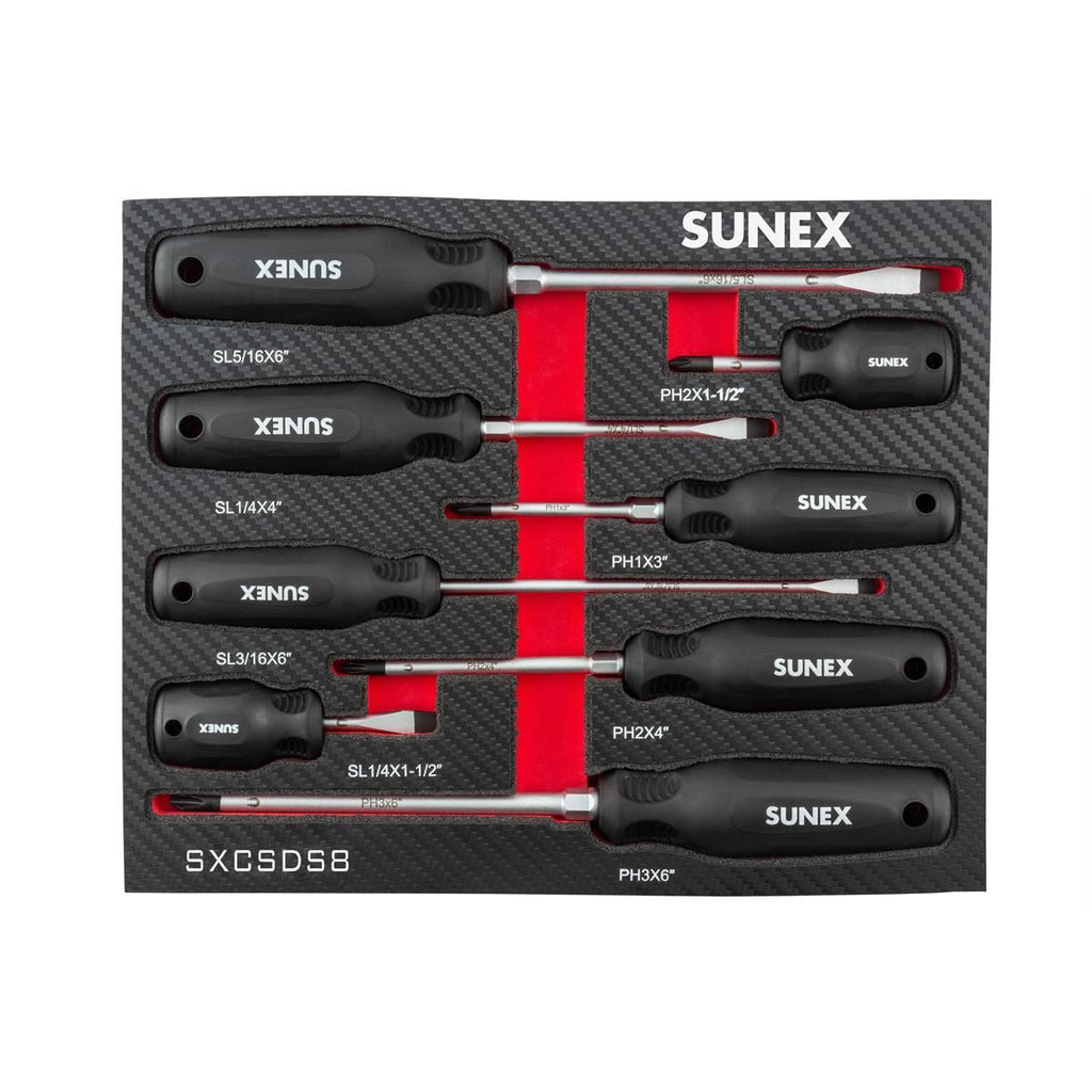 SUNEX SXCSDS8 8-Piece Magnetic Phillips & Slotted Screwdriver Set with EVA Foam Tray