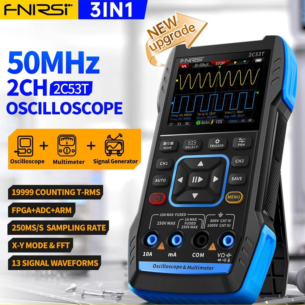 FNIRSI 2C53T 3-in-1 Handheld Oscilloscope, Multimeter & Signal Generator – 50MHz