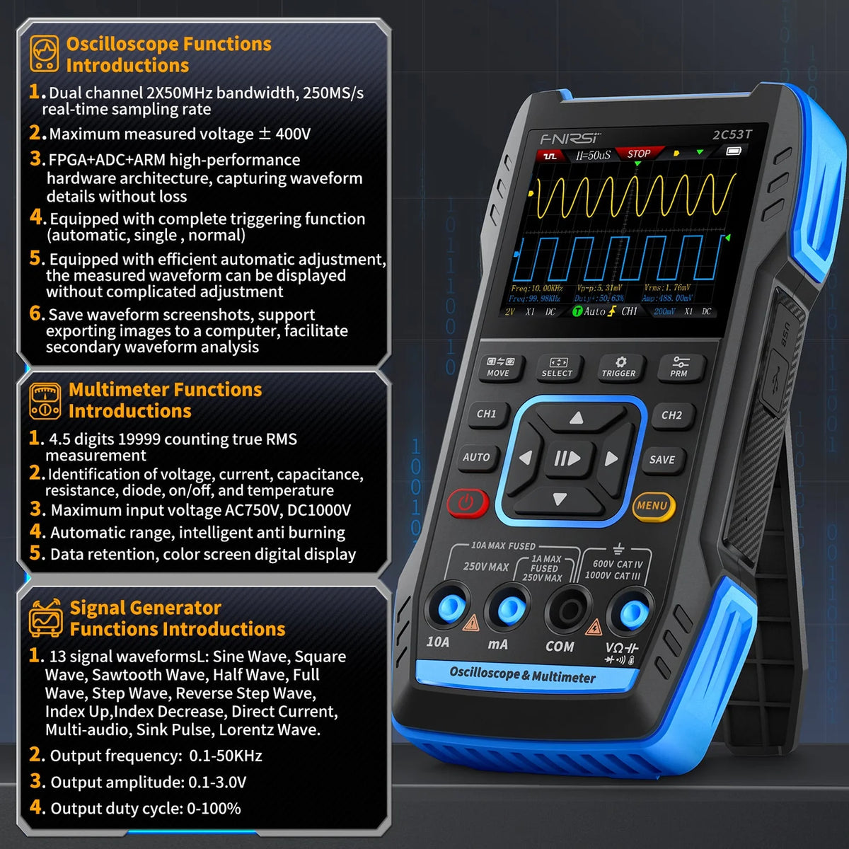 FNIRSI 2C53T 3-in-1 Handheld Oscilloscope, Multimeter & Signal Generator – 50MHz