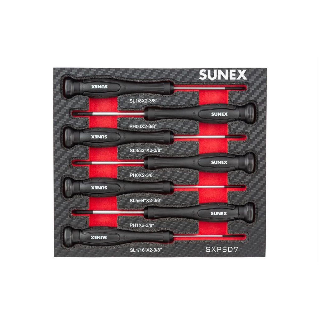 SUNEX SXPSD7 7-Piece Precision Phillips & Slotted Screwdriver Set with EVA Foam Tray
