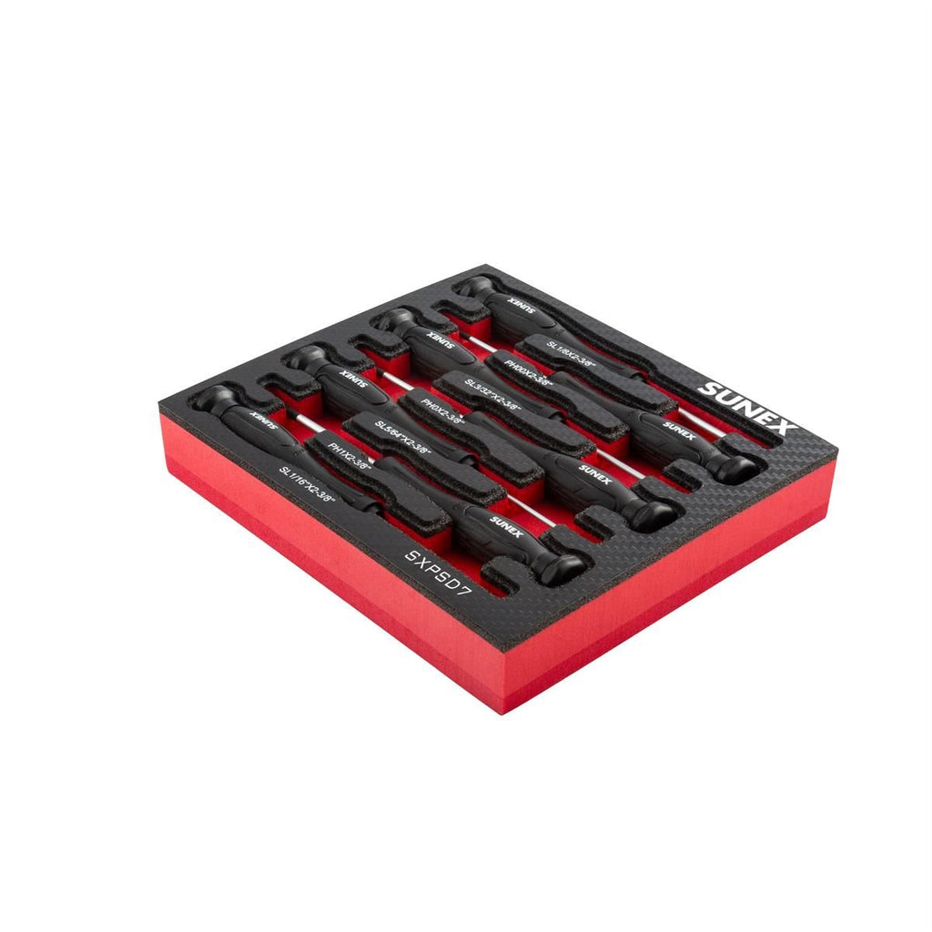 SUNEX SXPSD7 7-Piece Precision Phillips & Slotted Screwdriver Set with EVA Foam Tray